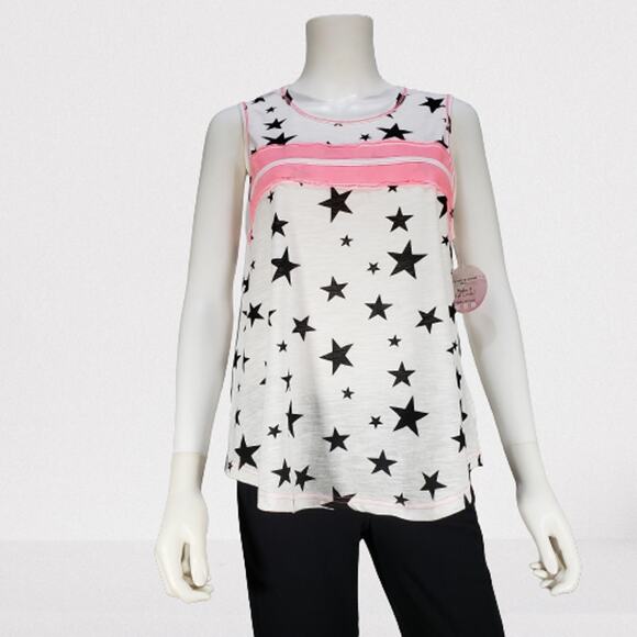 Women's Full Circle Trends, White, Scoop neck, Black Stars print Tank Top, Large - Picture 1 of 9